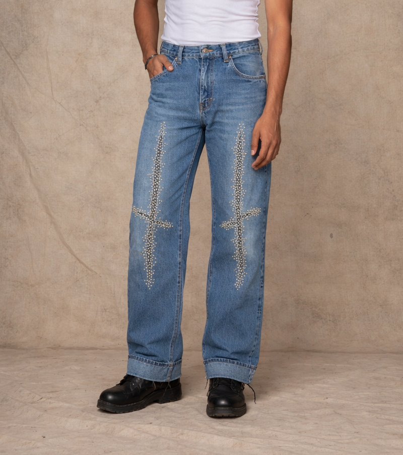 CROSS KNEE PANTS BLUE